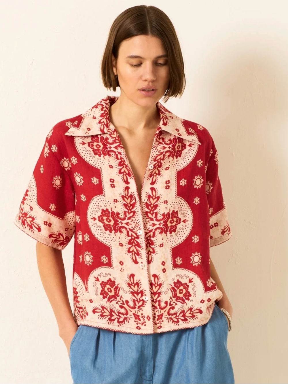 Alix of Bohemia Stevie Lava Bandana Shirt in Red Linen Size Medium